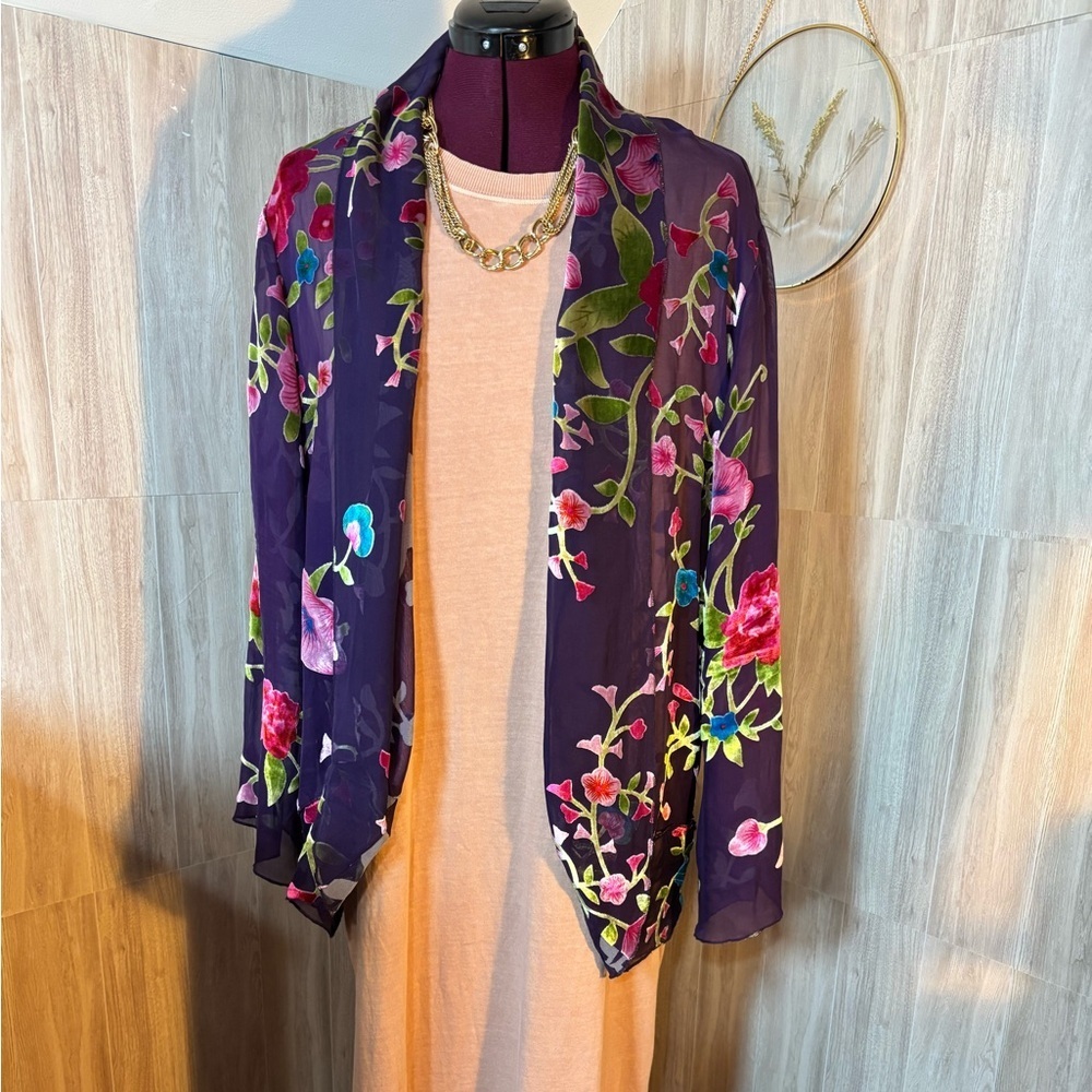 Draper’s & Damon’s Silk Blend Sheer Floral Open-Front Cape Cardigan in Purple